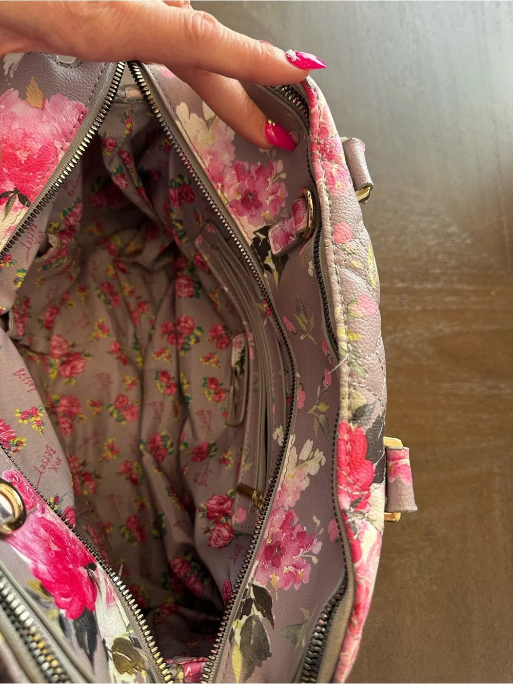 Betsey Johnson quilted floral satchel from her 